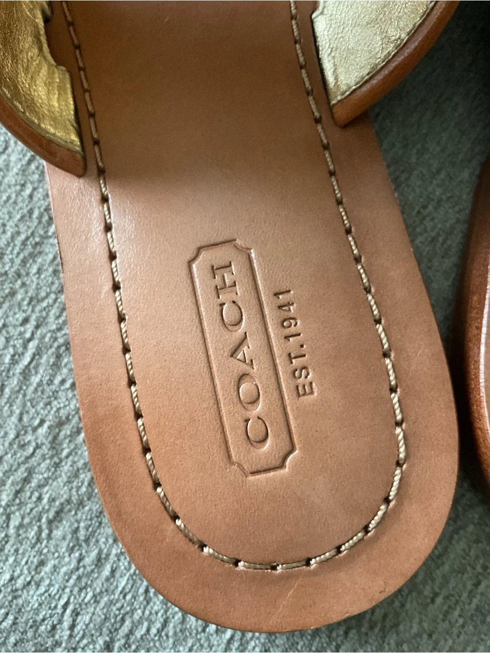 Coach Tan Leather Double-Strap Slide Sandals with Gold Buckle